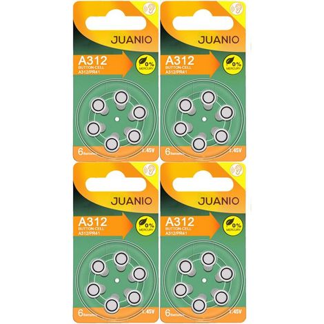 Lot de 24 Piles bouton Zinc Air Type A312/312 1,45V compatibles PR41 pour appareils auditifs - Juanio - (1/2)