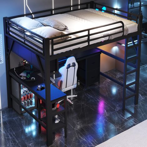 Lit mezzanine mi-hauteur adulte 140 x 200 cm avec tiroirs, escalier, garde-corps, LED, sommier inclus, design moderne, en MDF et métal, Noir (1/5)