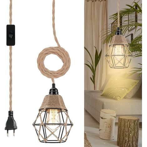 Hanging Lamp with Plug: Rattan Pendant Light and 1.8M Cable, Vintage Plug-in Hanging Lamp, Textile Cable, E27 Bracket Kit for Kitchen, Balcony, Indoor (No Bulb) (1/5)