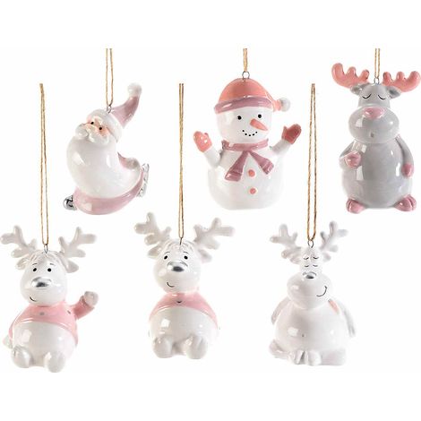Suspensions personnages de Noël en céramique colorée, Père Noël, renne et bonhomme de neige, lot de 12, 4,5 x 4 x H. 7 cm