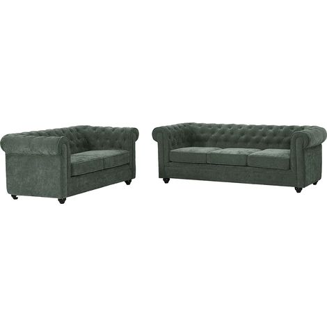 Divano 3 posti e 2 posti in tessuto verde CHESTERFIELD (1/5)