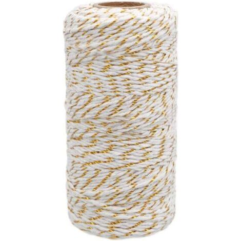 Ficelle de Coton Noël, Baker's Twine Corde Blanc avec fil doré, 2mm100M, pour l'emballage cadeau, Décoration, Loisirs Créatifs, Ensoleillé