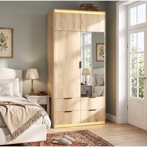 Armoire 2 portes avec miroir et LED, 90 x 47 x 200 cm, 4 tiroirs, MDF, décor chêne OKWISH (1/5)