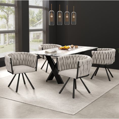 Sedia da pranzo in lino nero e color lino, girevole a 360°, struttura in metallo, set da 4,59×54×72cm (1/5)