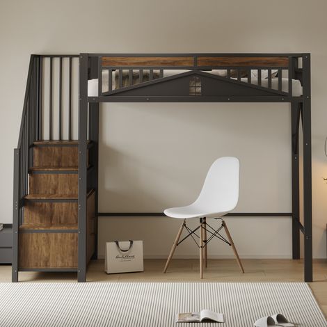 Lit superposé métallique 90x200 cm avec coffre sécurisé vitré, échelle à vis stable, noir