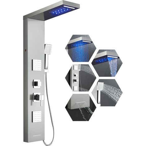 Colonne Panneau de Douche LED Brossée, 5 Modes avec Mitigeur - Cascade/Pluie/2 Jets de Massage Carrés/Douchette/Bec de Baignoire, Colonne de Douche Hydromassante Acier Inoxydable, Montage Mural (1/5)