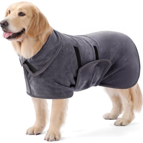 Verstellbarer, super saugfähiger Mikrofaser-Hundebademantel, Hundebadetuch zum schnellen Trocknen nach Bad, Pool, Strand und Regen (Grau M) (1/5)