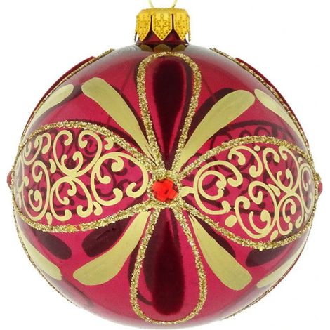 Pallina per albero di Natale in vetro rosso con decorazioni dorate da 10 cm (1/4)
