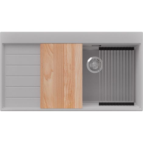 PRIMAGRAN Evier Cuisine en Granit 90x50cm,Lavabo 1 bac + Kit de Vidage + Accessoires, Évier à Encastrer au meuble 60cm - Sydney, Gris (1/5)