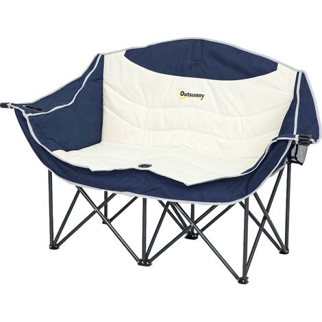 Chaise de camping pliante 2 places avec porte-gobelet et sac de transport, charge maximale 250 kg, bleue (1/5)