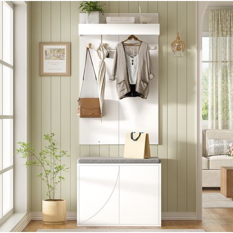 Recibidor 3 en 1 con perchero, 4 ganchos, zapatero de 2 puertas y banco, blanco 60 x 35 x 145 cm (1/5)