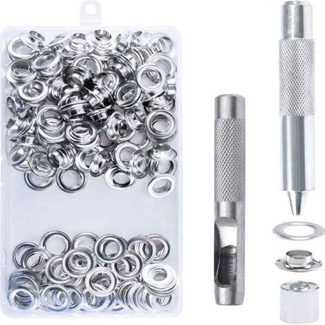 Pair 100pcs Kit de Grommets Eyelets Outils, 10mm Oeillets pour Baches, Trousse à Oeillets, Grommet Kit avec 3 Pièces Outil, Oeillets pour Bâche, Chaussures, Vêtements, Tentes (1/5)