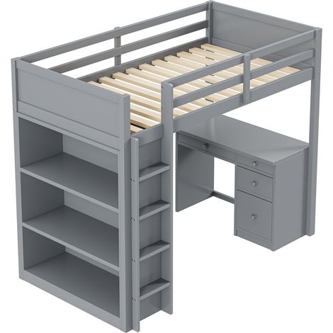 Lit mezzanine 90 x 200 cm avec armoires de rangement et bureau d'ordinateur, lit mezzanine multifonction en bois pour enfants, gris