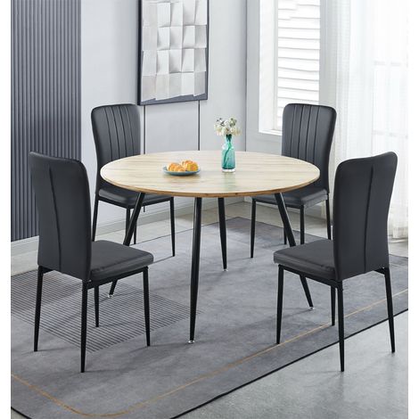 Hallowood Furniture Cullompton Large Dining Table and Chairs Set 4, 120cm Oak Effect Round Table and Chairs in High Back Black Faux Leather, Modern Kitchen Furniture Set for Home and Cafe (1/5)