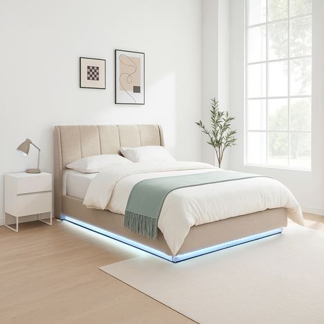 Cama tapizado LED Tröstiar con somier abatible 140x200cm - Beige [en.casa]