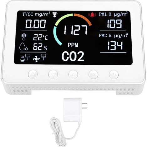 Détecteur Qualité Air CO2 TVOC PM2.5 PM1.0 Température Écran 7 Pouces Argent Prise US 100-240V Analyseur Pollution Capteur Multifonction (1/5)