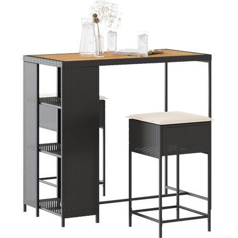 3-tlg. Gartenbar-Set mit Kissen Schwarz Poly Rattan