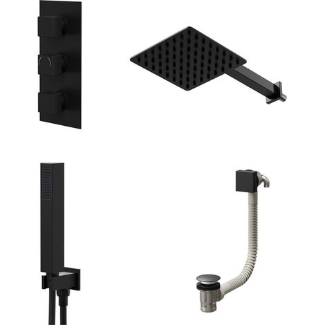 Colore Square Matt Black Concealed Triple Thermostatic Shower Valve with Diverter and 200mm Fixed Head with 345mm Wall Arm and Outlet Holder with Kit and Free-Flow Bath Filler - 3 Outlet (1/5)