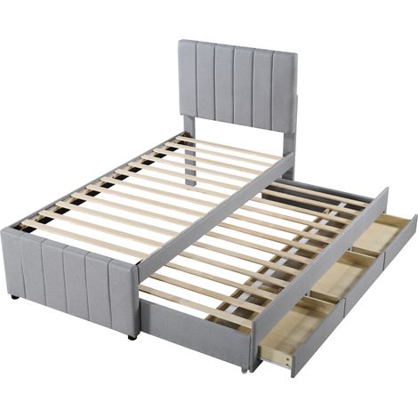 Lit rembourré 90 x 200 cm avec lit gigogne et tiroirs de rangement, revêtement en lin doux pour la peau, lit simple bas, lit enfant, lit ado, lit d'appoint (gris)