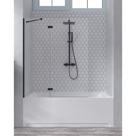 Mampara Bañera Fijo de Ducha + 1 Puerta Abatible Vidrio Templado 6mm Antical Transparente 150cm Altura 50+70cm Perfil Negro Mate (1/3)
