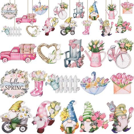 30 Bois Décoration Suspendre Pâques, Déco Suspendre Pâques, Tulipes, Suspension Fleur Printemps, GNOME Pendentif Printemps pour Table, Fête, Mariage, Emballage Cadeaux, Jardins, Vases (1/5)
