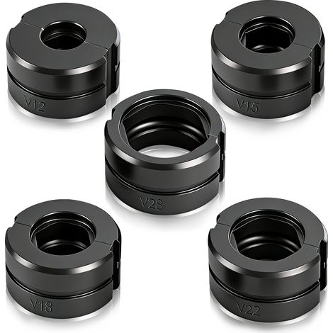 Mâchoires de Sertissage Tubes 12-28mm-5 Inserts (12/15/18/22/28mm)-Compatible Manuelles/Électriques-Acier Chrome 40 (HRC 48-55) Anti-Usure-Profil V-Finition noire thermique - Pour Tubes Cuivre et Inox (1/5)