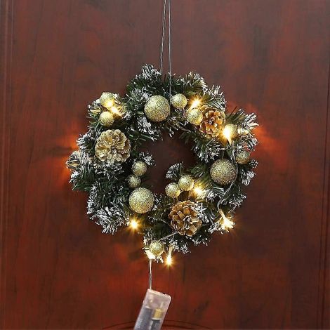 Couronne de Noël lumineuse pour porte d'entrée, guirlande de Noël à piles - 25 cm - Or (1/4)