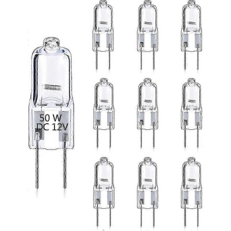 Lot de 10 ampoules halogènes 50 W à intensité variable, blanc chaud 2700 K, 12 V, culot G6.35 à 2 broches, capsule transparente, pour lustre ou lampe de bureau. (1/4)