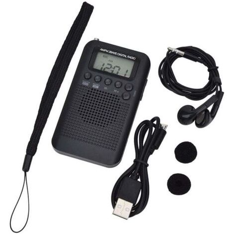 Portable mini radio de poche avec haut parleur FM/AM numérique stéréo DSP récepteur avec réveil et minuterie pour maison et l'extérieur marche course radio personnel avec ecouteur,100x60x15mm(Noir)