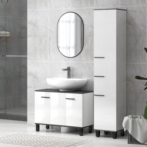 Meuble sous-évier à 2 portes et étagères réglables pour évier avec ou sans colonne, 80 x 34 x 60 cm, blanc