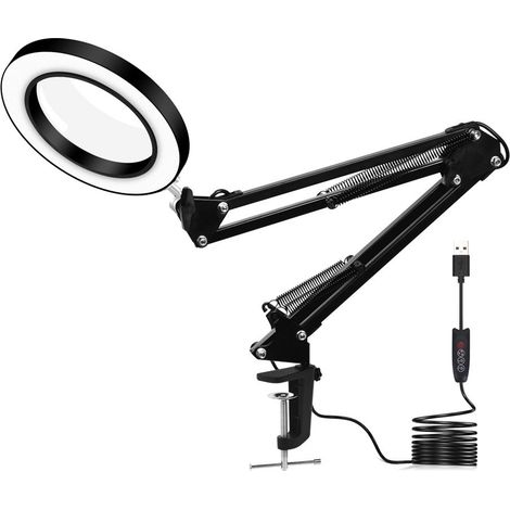 Lampe loupe à LED avec Pince, Lampe loupe 8X LED avec lumière, Lampes loupes 2 en 1 avec 10 réglages de luminosité, loupe et Pince à Bras pivotant réglable illuminé alimenté par USB (Noir) (1/5)