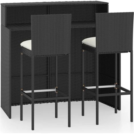 3 Piece Garden Bar Set with Cushions Poly Rattan Black vidaXL (1/5)