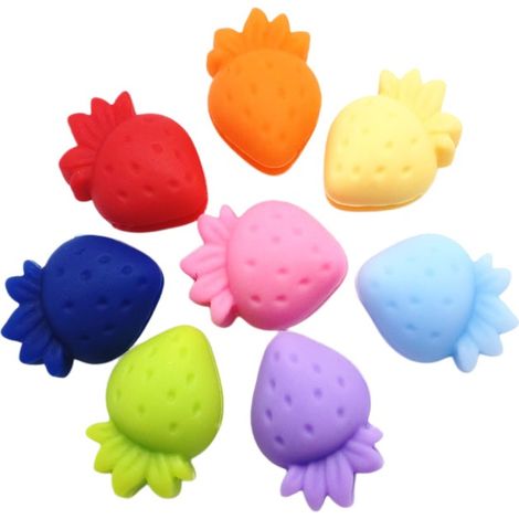 Lot de 8 marque-verres en silicone réutilisables, en forme de fraise colorée, pour identifier rapidement vos boissons lors de fêtes et mariages. (1/4)