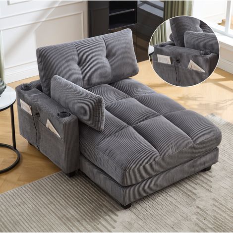 Poltrona lounge in corduroy grigio 140 x 112 x 81 cm con porta bicchieri, USB e tasca laterale (1/5)
