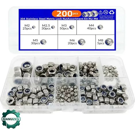 Manuzen - Écrous frein inox 304 M2 à M8 – assortiment 200 pièces (1/3)