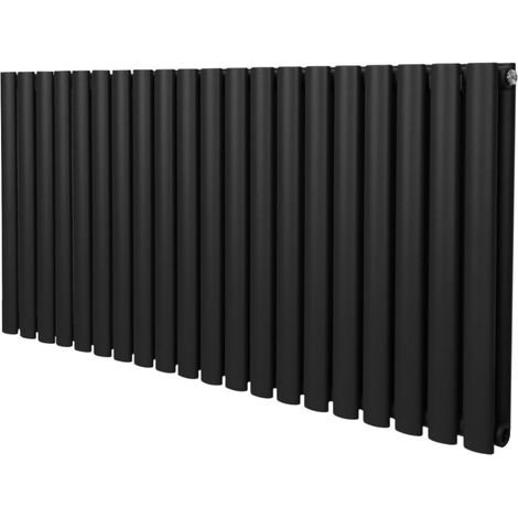 Radiatore a colonna ovale 600 mm x 1200mm Designer Doppio pannello Termosifone Nero Acciaio Orizzontale Inclusi Spazzola per la pulizia Kit di fissaggio e staffe
