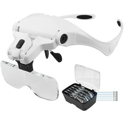 Lunette Loupe avec 2 LED - pour Lecture,Tous Les Travaux de Précision,Réparations,Couture,Bijoux - 5 Lentilles Détachables (1.0X à 3.5X)