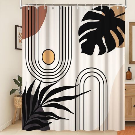 Rideau de Douche Ligne Soleil Rideau de Douche Abstrait rétro Rideau de Douche Feuilles Noires Soleil Rideau de Douche Rustique Tissu imperméable et Lavable en Machine 150x200cm (1/5)