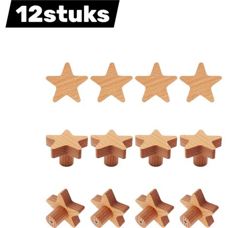 Lot de 12 poignées de porte à levier en forme d étoile en bois pour chambres d enfants tables à langer et loisirs créatifs couleur bois (1/4)