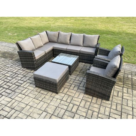 Fimous Rattan Gartenmöbel-Set Outdoor Lounge Ecksofa Set mit Quadratischer Couchtisch Großer Fußhocker 2 Sesseln 9 Sitzer Dunkelgrau gemischt