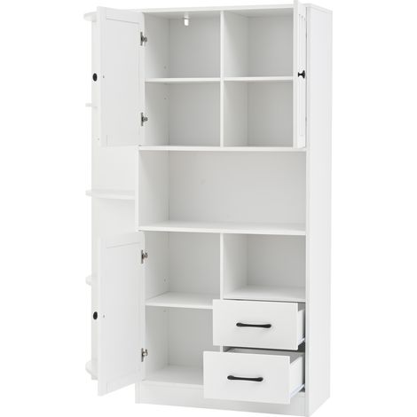 Meuble d'angle salon blanc avec 3 armoires, 2 tiroirs et 6 étagères mobiles en panneau de particules, 104x35x155 cm (1/5)