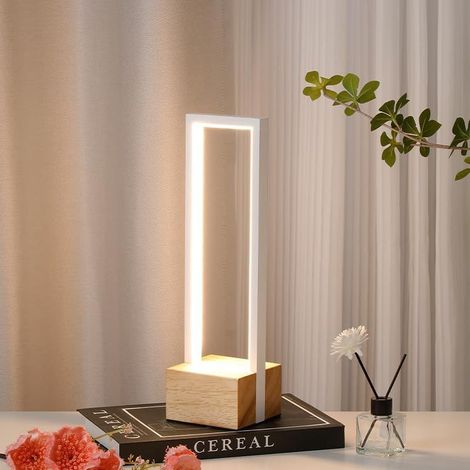 Lampe de table LED dimmable, lampe de chevet moderne carrée, 3 températures de couleur, base en bois complète, table de chevet à interrupteur tactile pour chambre à coucher (Blanc) (1/5)
