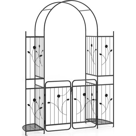 Arche de Jardin 220 cm avec Portail, Étagères Treillis pour Plante Grimpante ou Vignes, Arceau à Rosiers en Métal avec Piquets