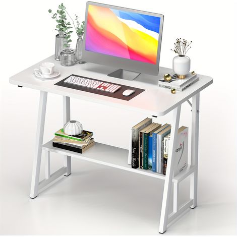 Bureau en bois blanc à 2 niveaux avec étagère de rangement – Bureau d'étude robuste 80 x 50 x 73 cm (capacité de charge 120 kg), surface durable et facile à nettoyer pour bureau à domicile/petit esp (1/4)