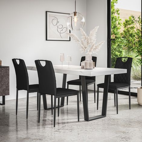 Aria Dining Table And Chairs - White Marble Effect Table Top w Black Legs + Monza Faux Leather Dining Chair Set Of 6 (Black) (1/5)