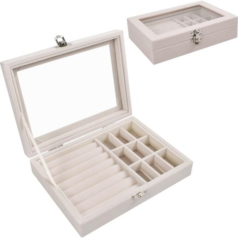 Coffret à bijoux avec couvercle en verre, coffret à bijoux à 9 compartiments, coffret de voyage floqué pour colliers, boucles d'oreilles et bagues, boîte de rangement transparente pour bijoux, beige (1/5)