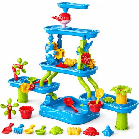 Relaxdays Mesa de Juegos de Agua y Arena de 5 Niveles con Rueda y Accesorios, Plástico, 55 x 78 x 55 cm, Multicolor (1/5)