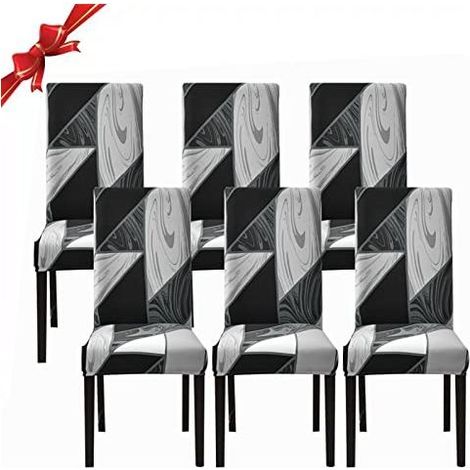 Lot de 6 housses de chaise extensibles en spandex lavables – Protection amovible pour chaises à dossier haut – Motif géométrique noir (1/5)