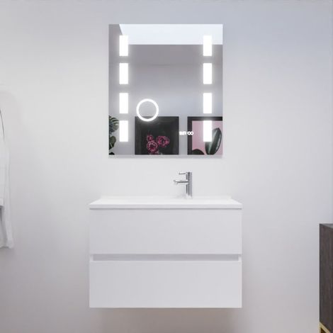 Meuble salle de bain 80 cm ROSALY avec plan vasque et miroir Excellence- Blanc- Plan vasque en Résine