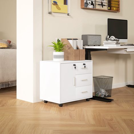 Caisson bureau meuble Blanc rangement verrouillable 3 tiroirs étagère réglable roulettes 40x60x56 cm